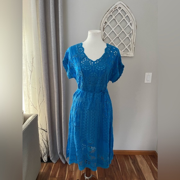JOHNNY WAS Olympia Eyelet Midi Dress In Ocean Blue Size S - Picture 3 of 14